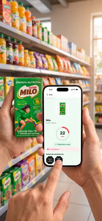 Una mano escaneando una caja de Milo con Luppa en el supermercado