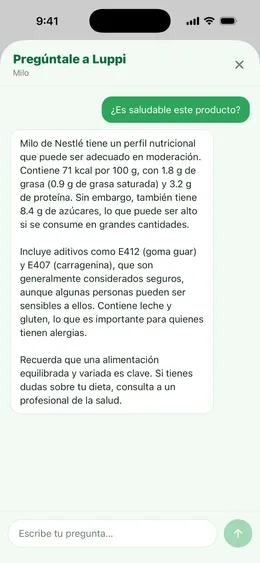 Luppi, el asistente nutricional con IA, respondiendo una pregunta