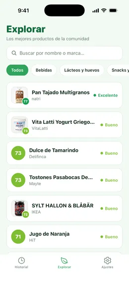 Pantalla Explorar de Luppa con búsqueda y productos de la comunidad