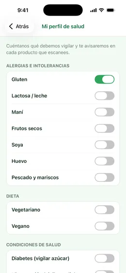 Perfil de salud en Luppa con alergias y condiciones configurables